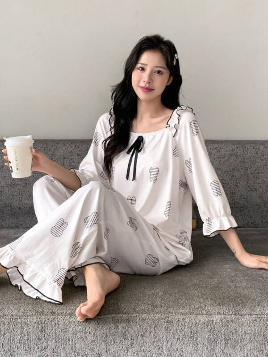 Cartoon Graphic Tie Front Flounce Sleeve Pant Set-Soco Hoodie