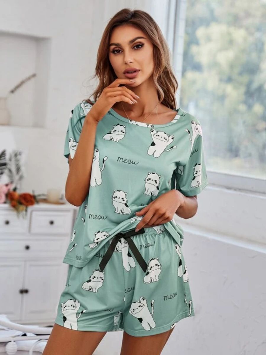 Cartoon Graphic Top And Waist Shorts Set-Soco Hoodie
