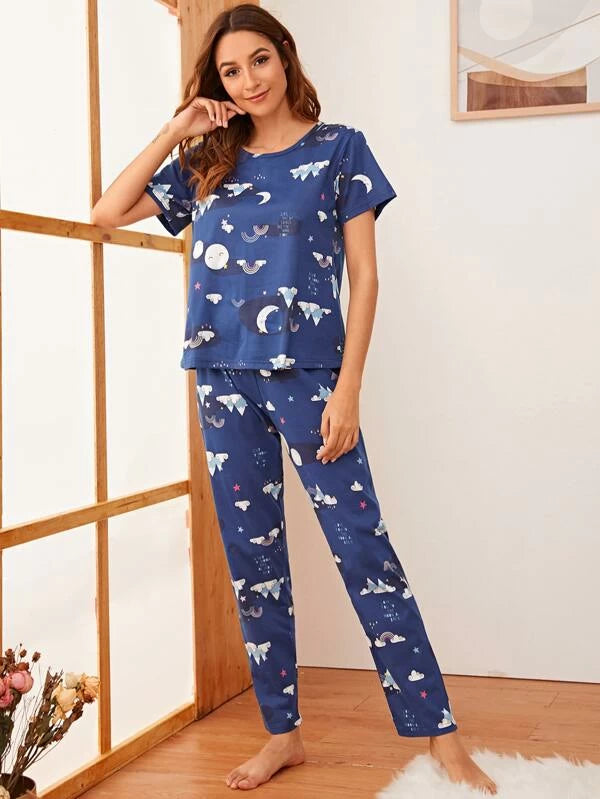 Cartoon Printed Pajama Set With Sleep Mask-Soco Hoodie