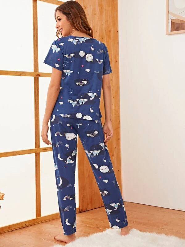 Cartoon Printed Pajama Set With Sleep Mask-Soco Hoodie