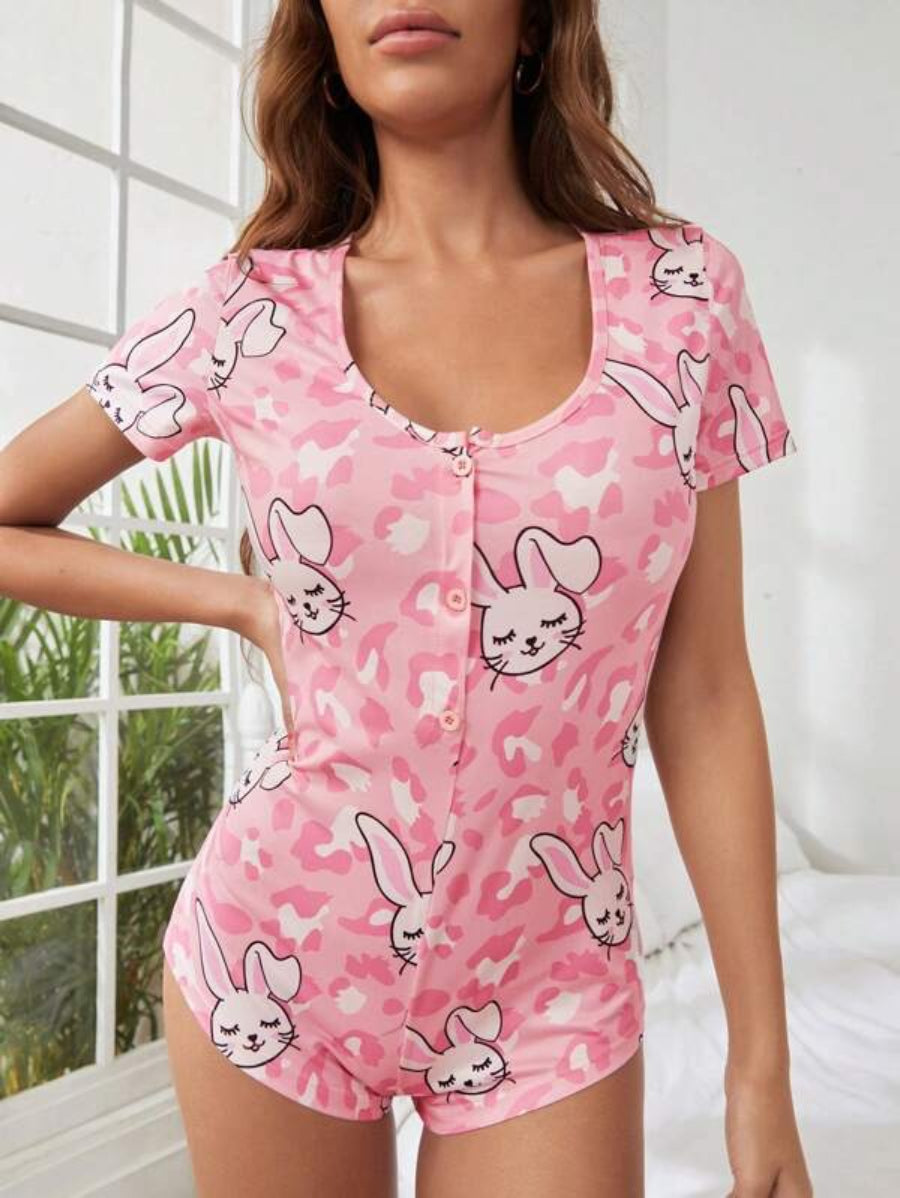 Cartoon Rabbit Printed Sleep Romper-Soco Hoodie