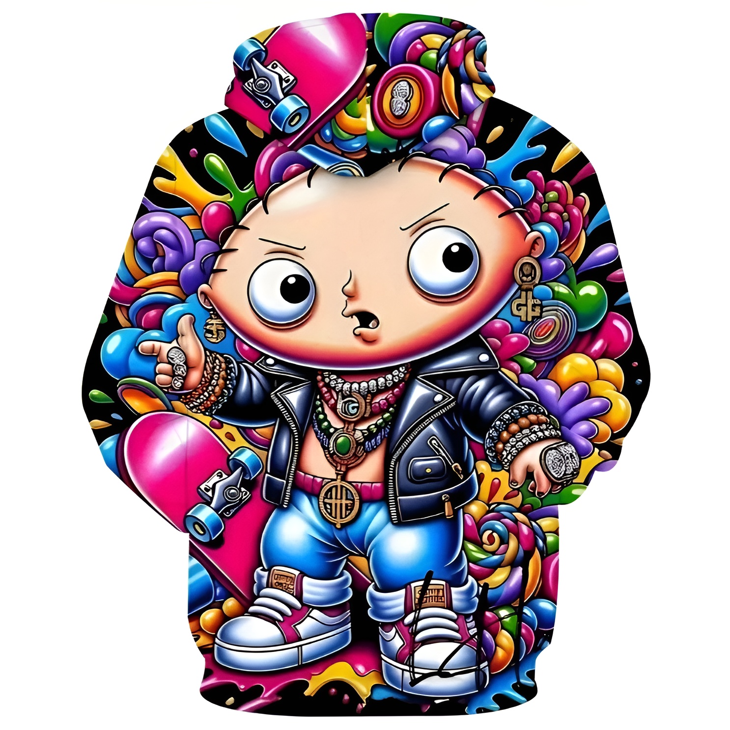 Casual Cartoon Printed Hoodie With Kangaroo Pocket