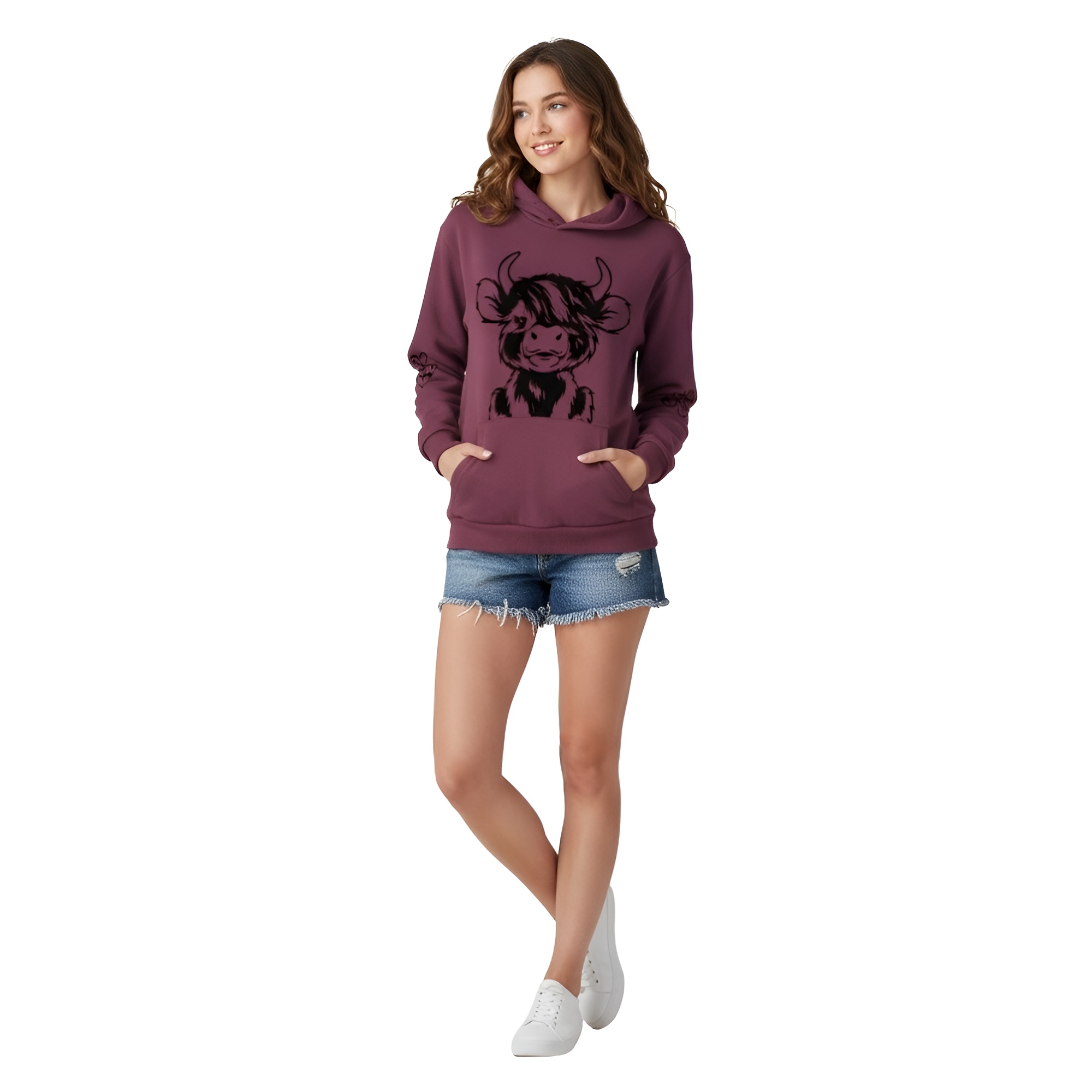 Casual Highland Cow Graphic Print Long Sleeve Pullover Hoodie