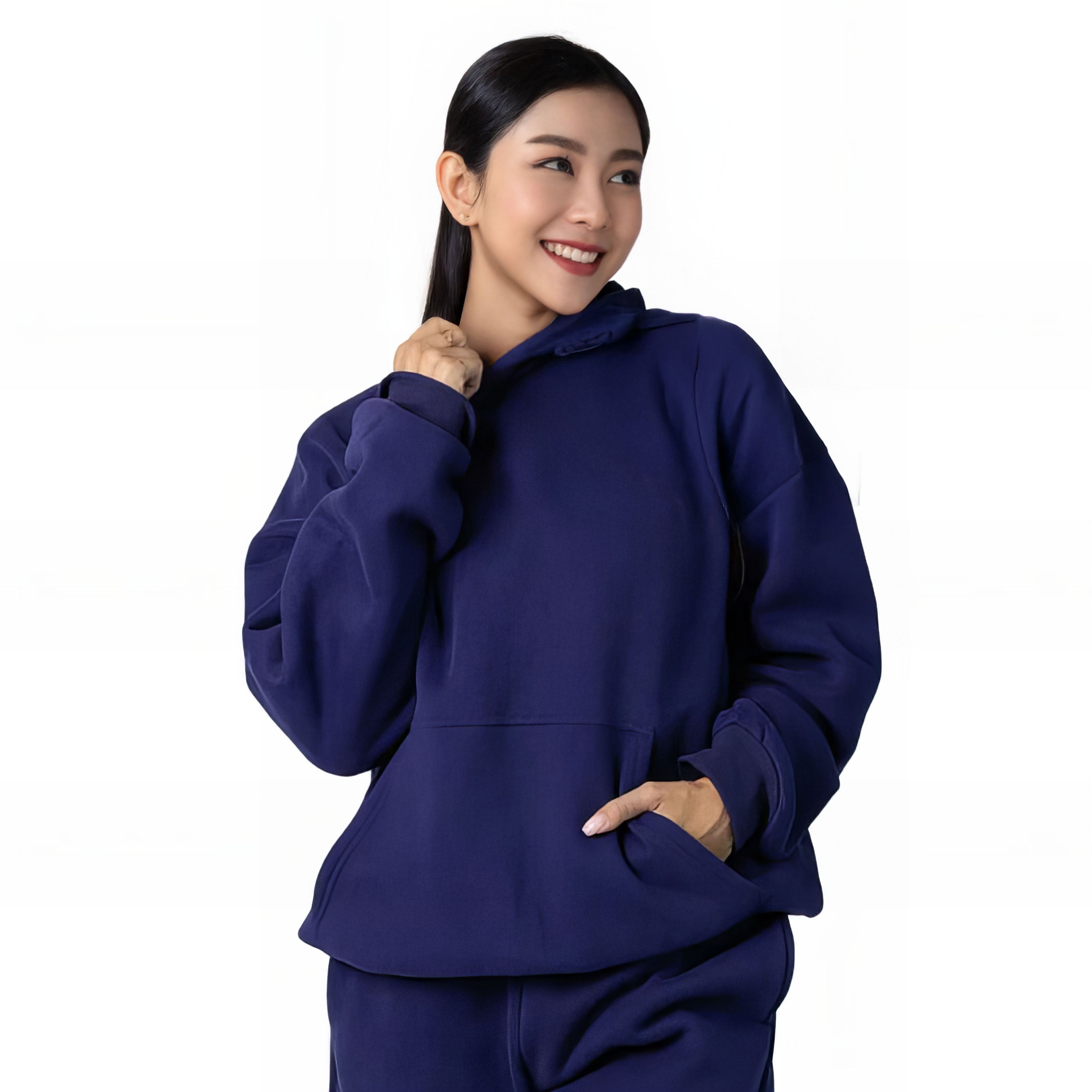 Casual Classic Pullover Hoodie With Adjustable Hood Blue