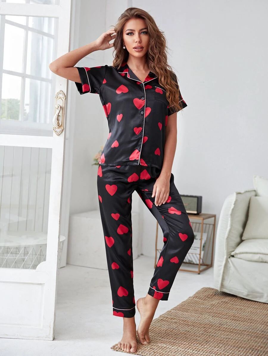 Casual Satin Allover Print Night Set-Soco Hoodie