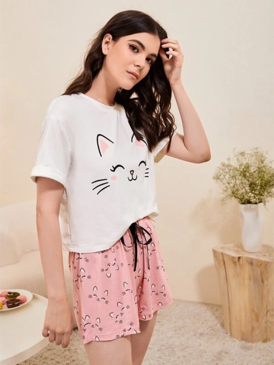 Cat Print Tie Front Set-Soco Hoodie