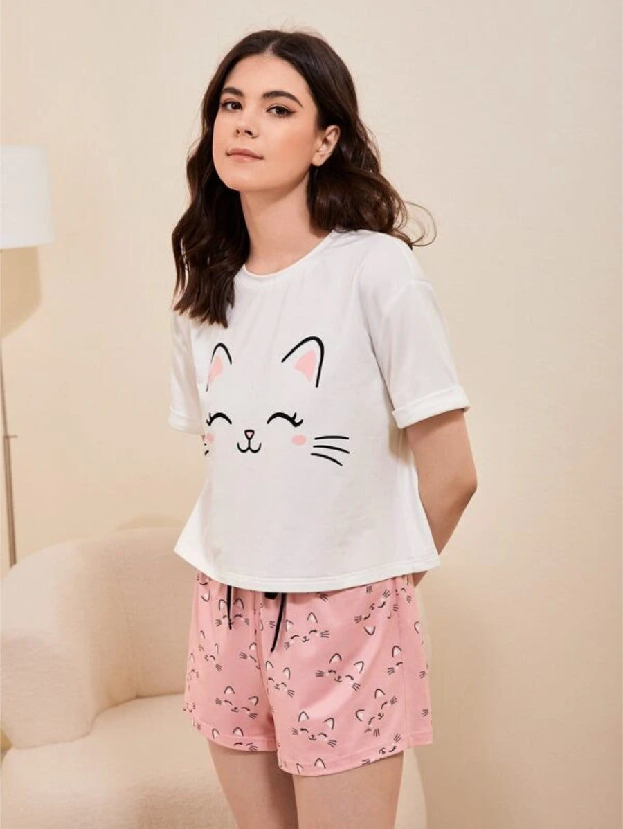 Cat Print Tie Front Set-Soco Hoodie