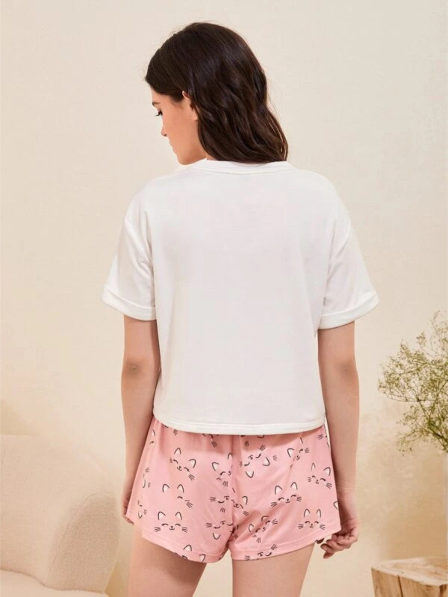 Cat Print Tie Front Set-Soco Hoodie