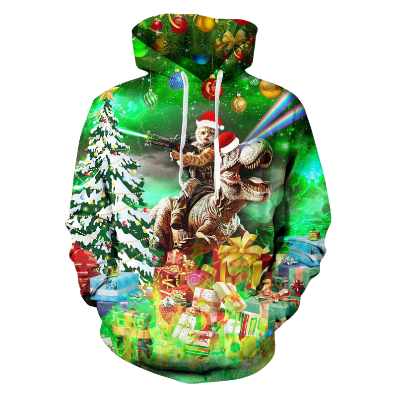 Cat Santa Riding Trex Themed Christmas Hoodie 6XL