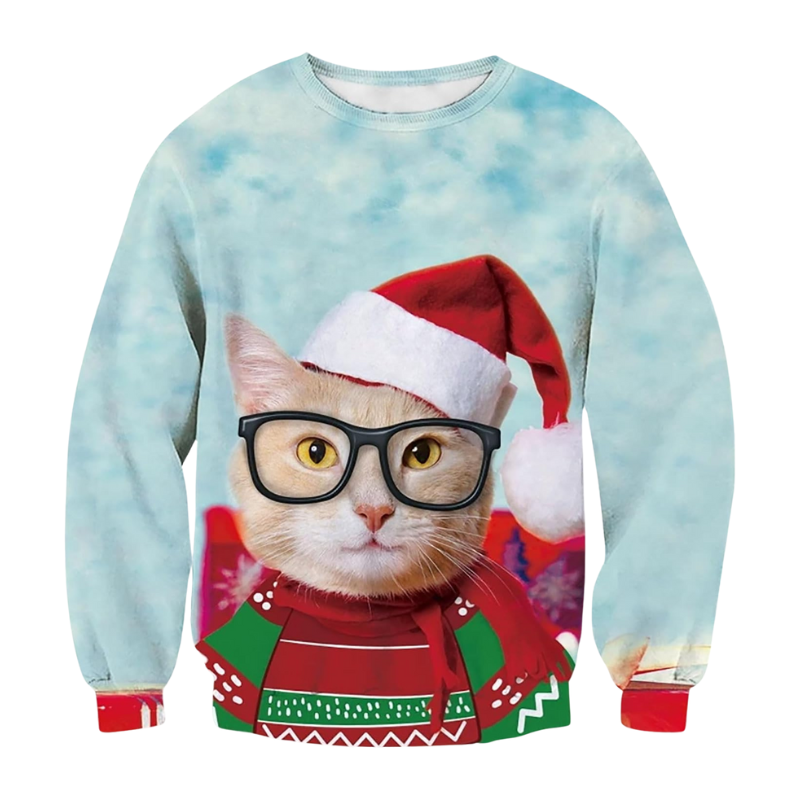 Cat With Santa Hat Themed Christmas Sweatshirt 6XL