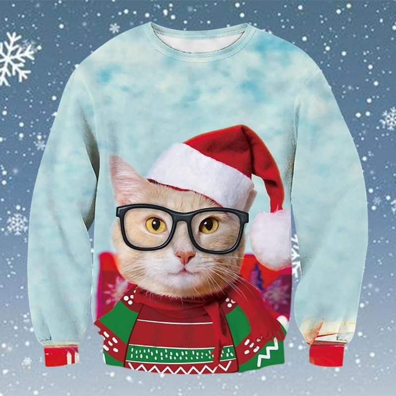 Cat With Santa Hat Themed Christmas Sweatshirt
