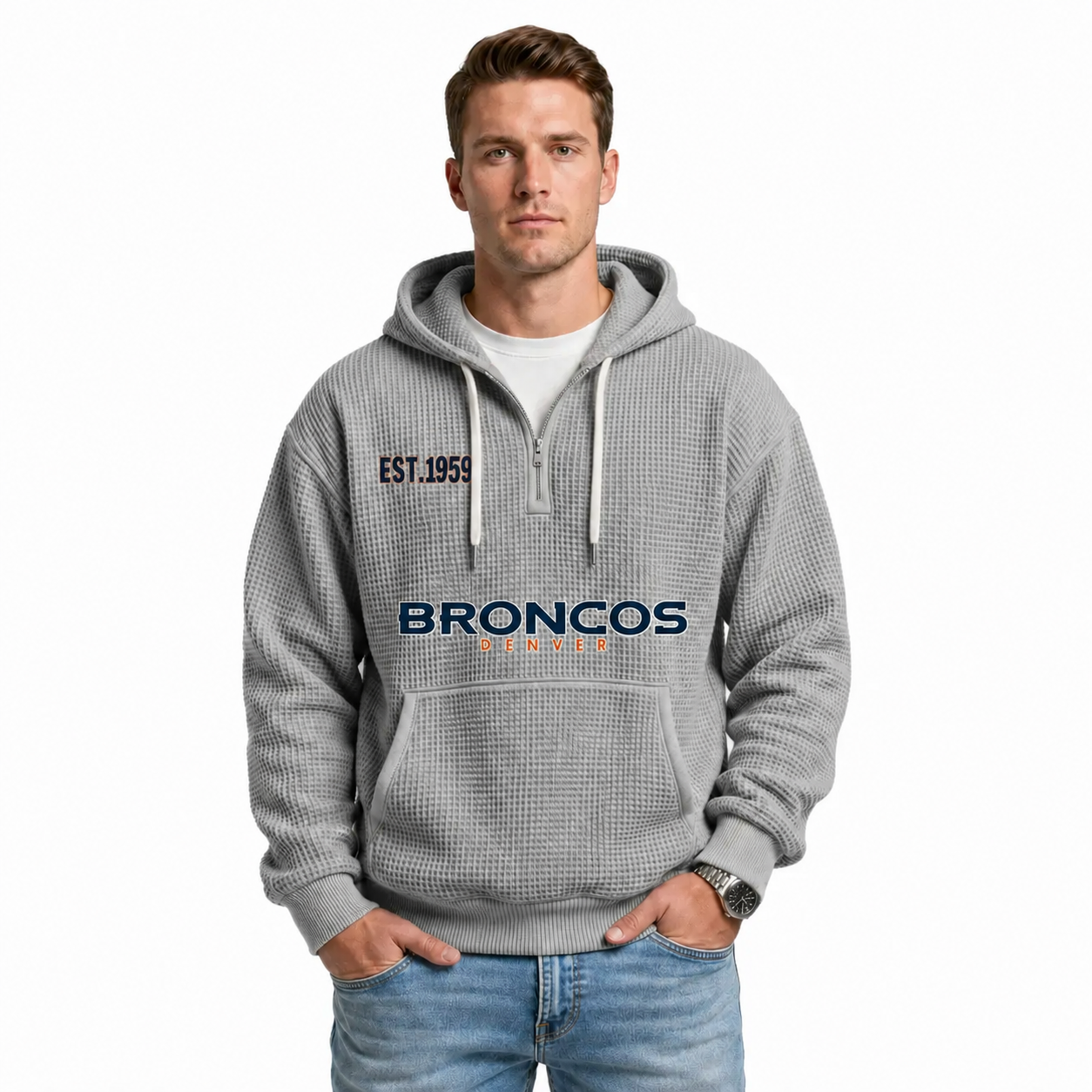 Denver Broncos EST 1959 Printed Quarter Zip Hoodie
