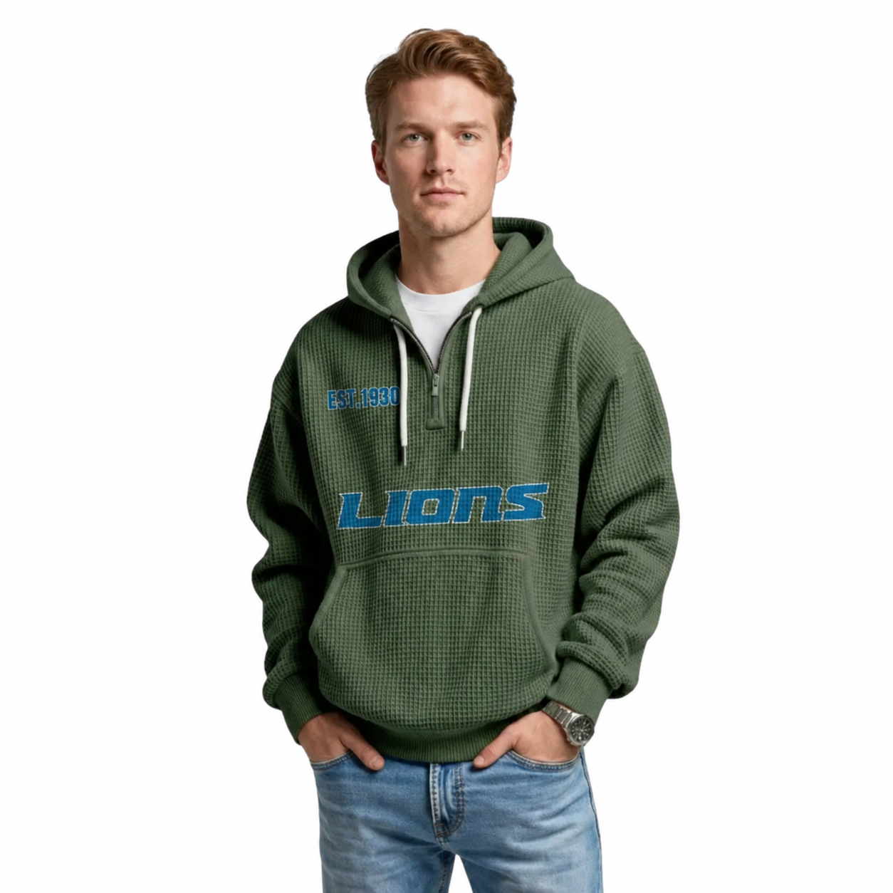 Detroit Lions EST 1930 Printed Quarter Zip Hoodie