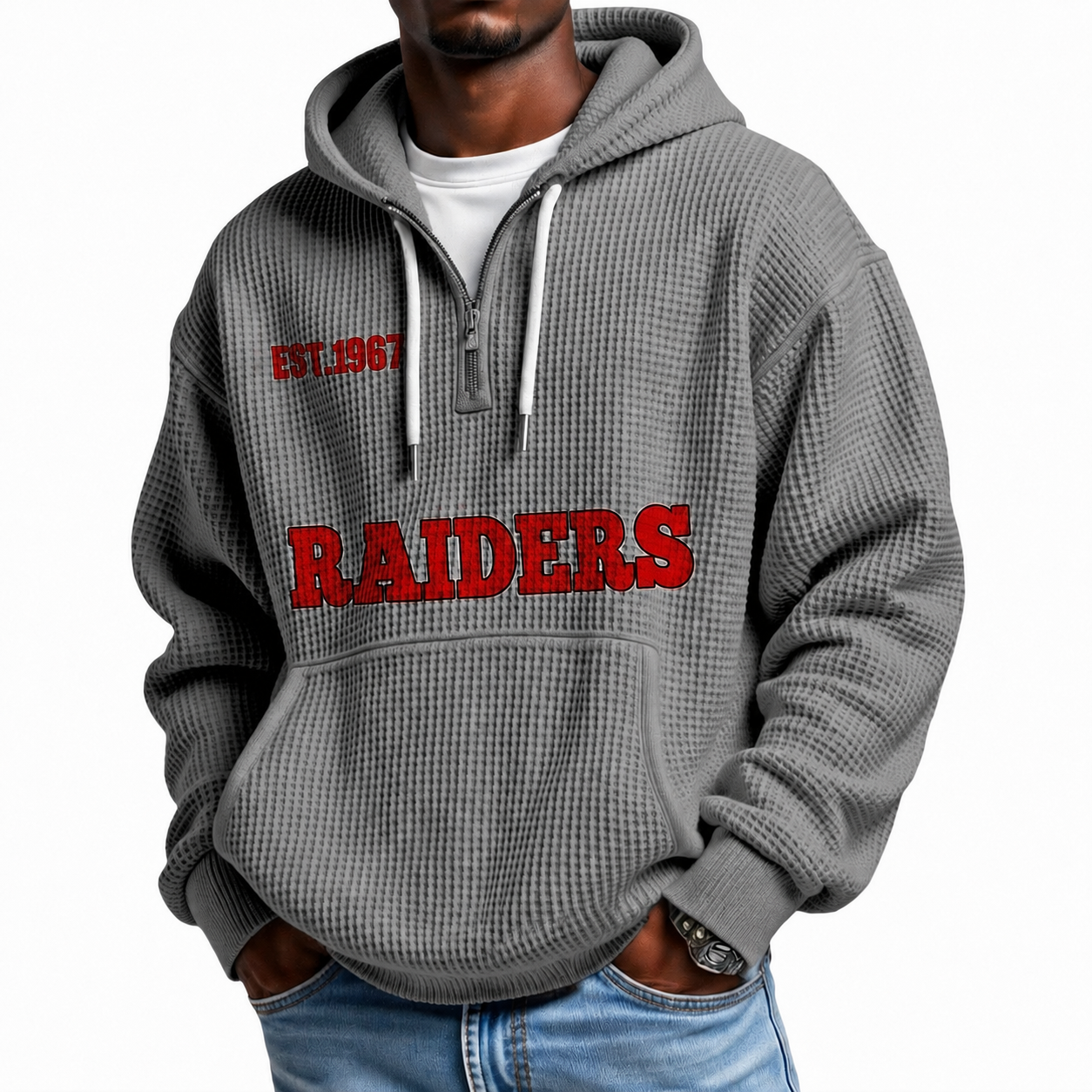 Raiders EST 1967 Printed Quarter Zip With Front Pocket Hoodie