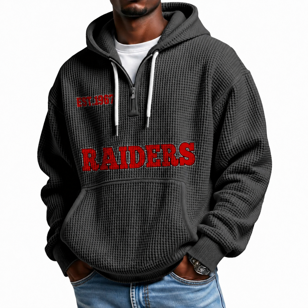 Raiders EST 1967 Printed Quarter Zip With Front Pocket Hoodie