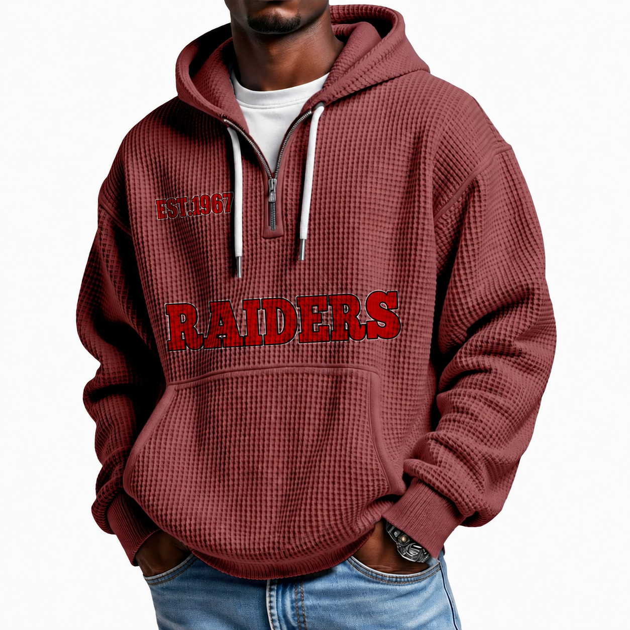 Raiders EST 1967 Printed Quarter Zip With Front Pocket Hoodie