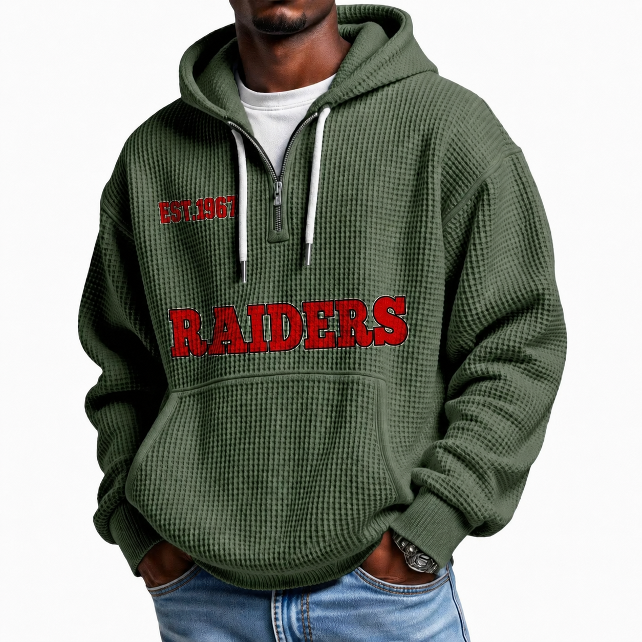 Raiders EST 1967 Printed Quarter Zip With Front Pocket Hoodie