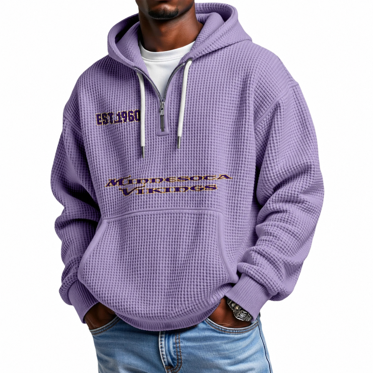 Minnesota Vikings Football Team Themed Hoodie With Quarter Zip And Classic EST 1960 Logo