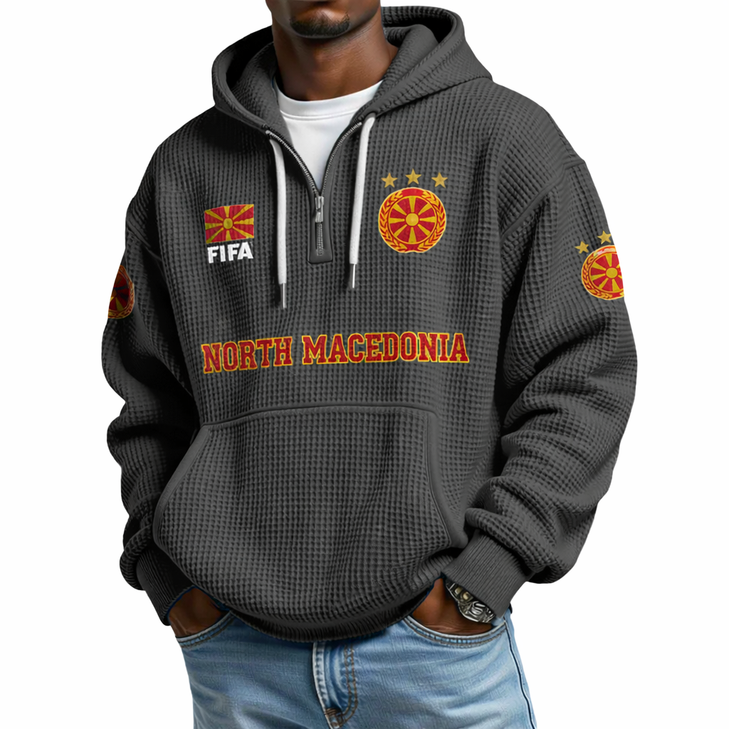 FIFA 2026 North Macedonia Printed Waffle Quarter Zip Football Fan Hoodie