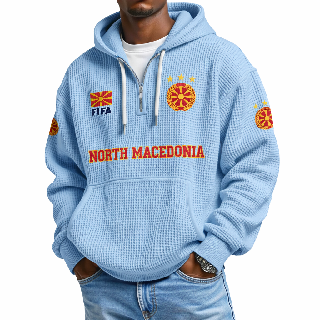 FIFA 2026 North Macedonia Printed Waffle Quarter Zip Football Fan Hoodie