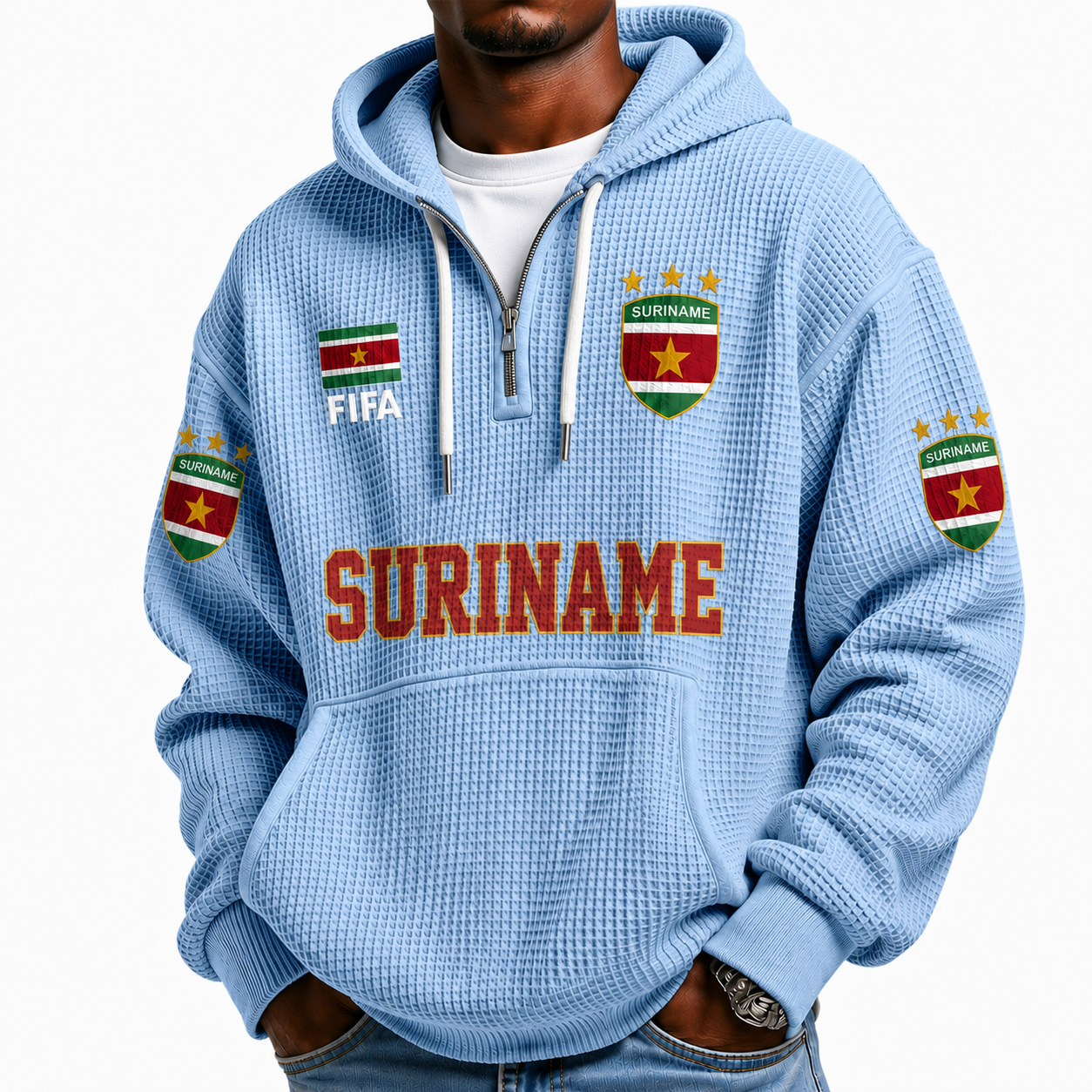 FIFA 2026 Suriname Printed Waffle Quarter Zip Football Fan Hoodie