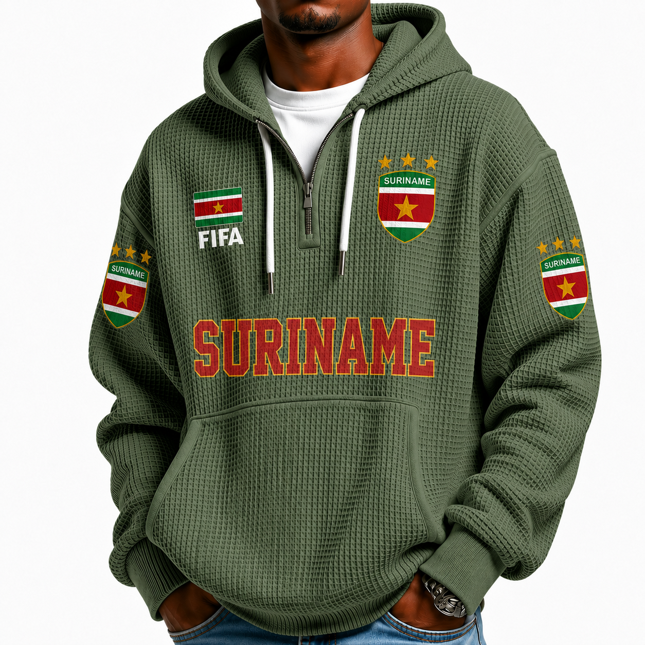 FIFA 2026 Suriname Printed Waffle Quarter Zip Football Fan Hoodie