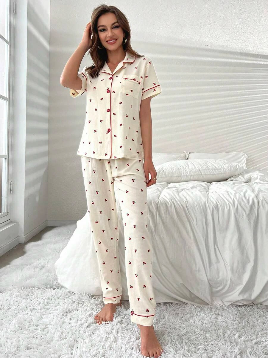 Cherry Print Contrast Piping Blouse And Pants Set-Soco Hoodie