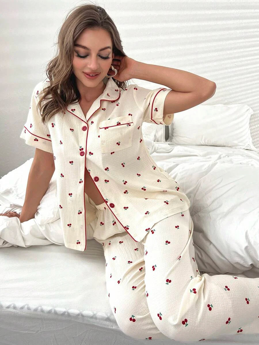 Cherry Print Contrast Piping Blouse And Pants Set-Soco Hoodie