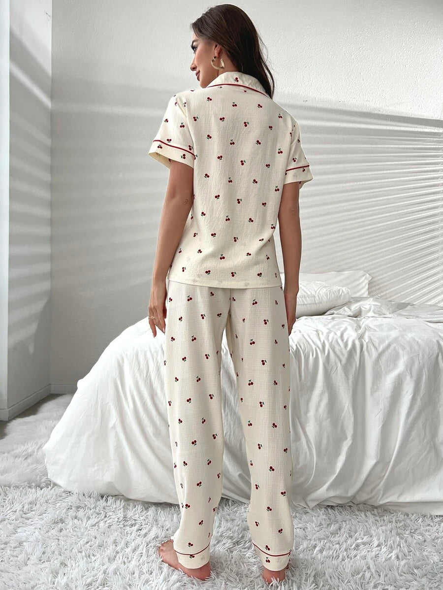 Cherry Print Contrast Piping Blouse And Pants Set-Soco Hoodie