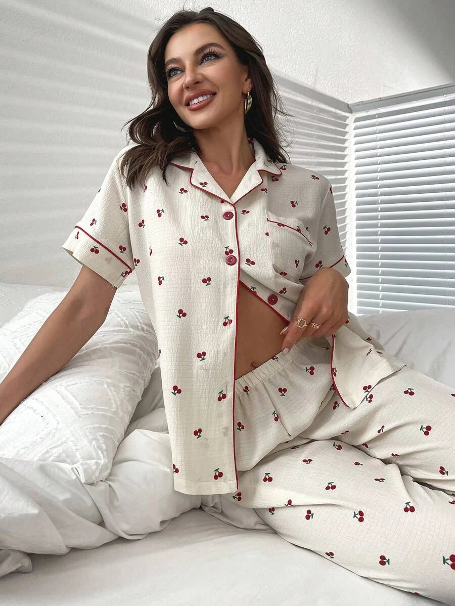 Cherry Print Contrast Piping Blouse And Pants Set-Soco Hoodie
