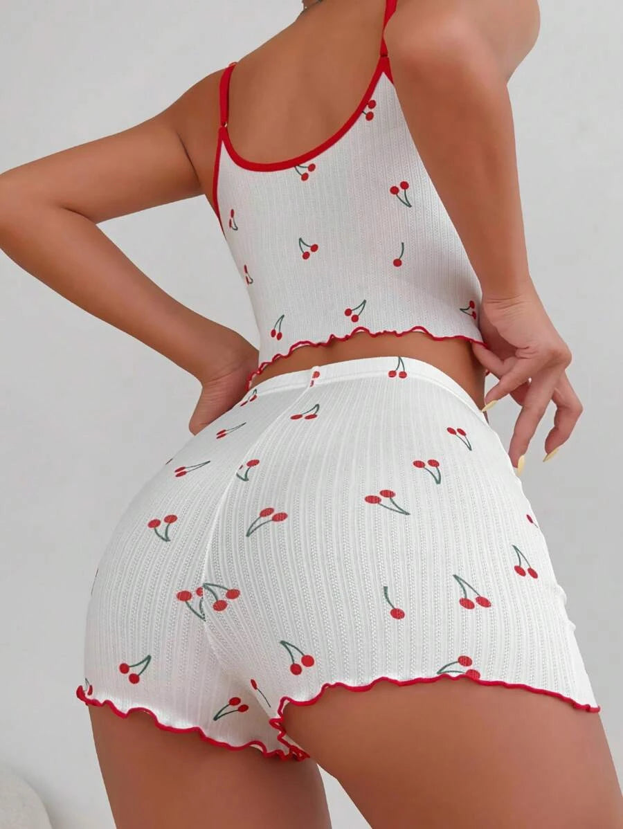 Cherry Print Lettuce Trim Cami Top Shorts Set-Soco Hoodie