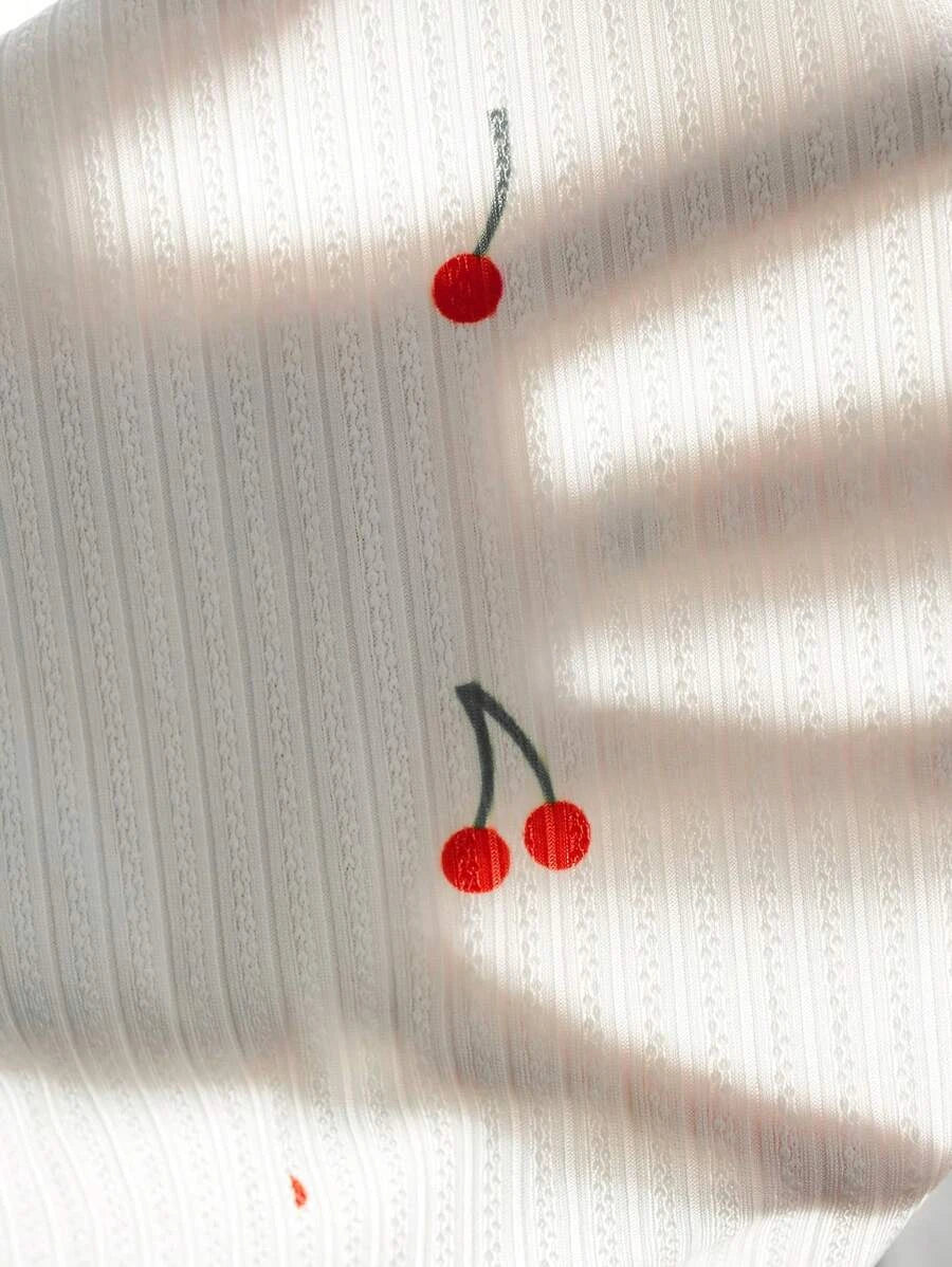 Cherry Print Lettuce Trim Cami Top Shorts Set-Soco Hoodie