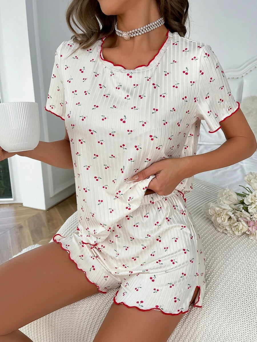 Cherry Print Lettuce Trim Tee And Shorts-Soco Hoodie