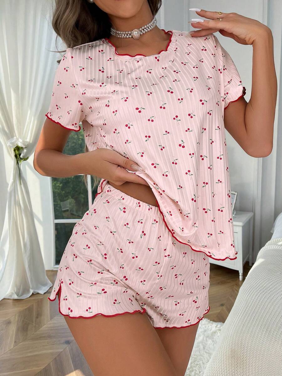 Cherry Print Lettuce Trim Tee And Shorts-Soco Hoodie