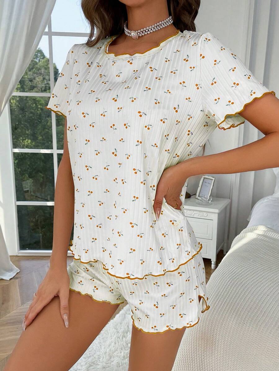 Cherry Print Lettuce Trim Tee And Shorts-Soco Hoodie