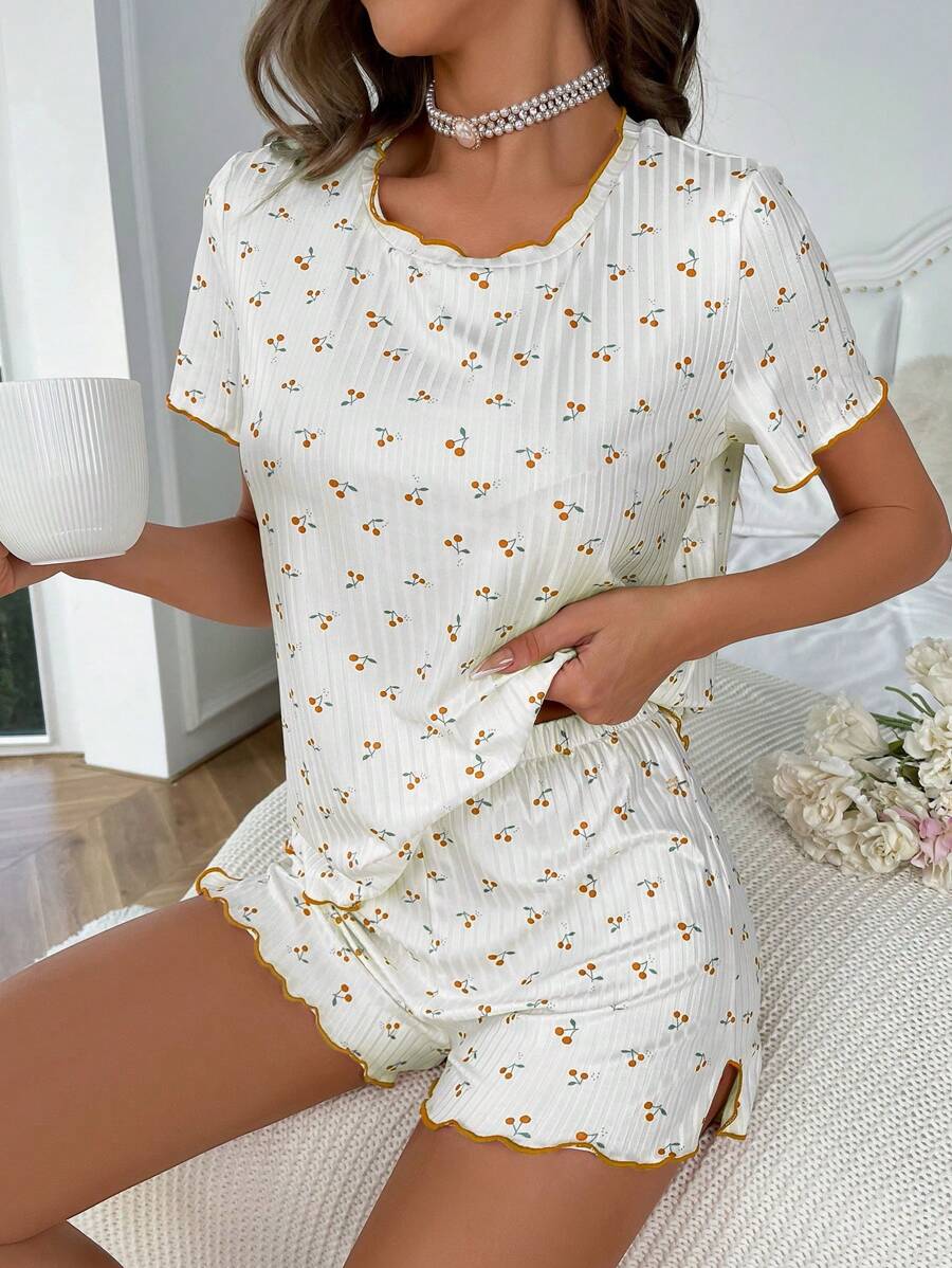 Cherry Print Lettuce Trim Tee And Shorts-Soco Hoodie