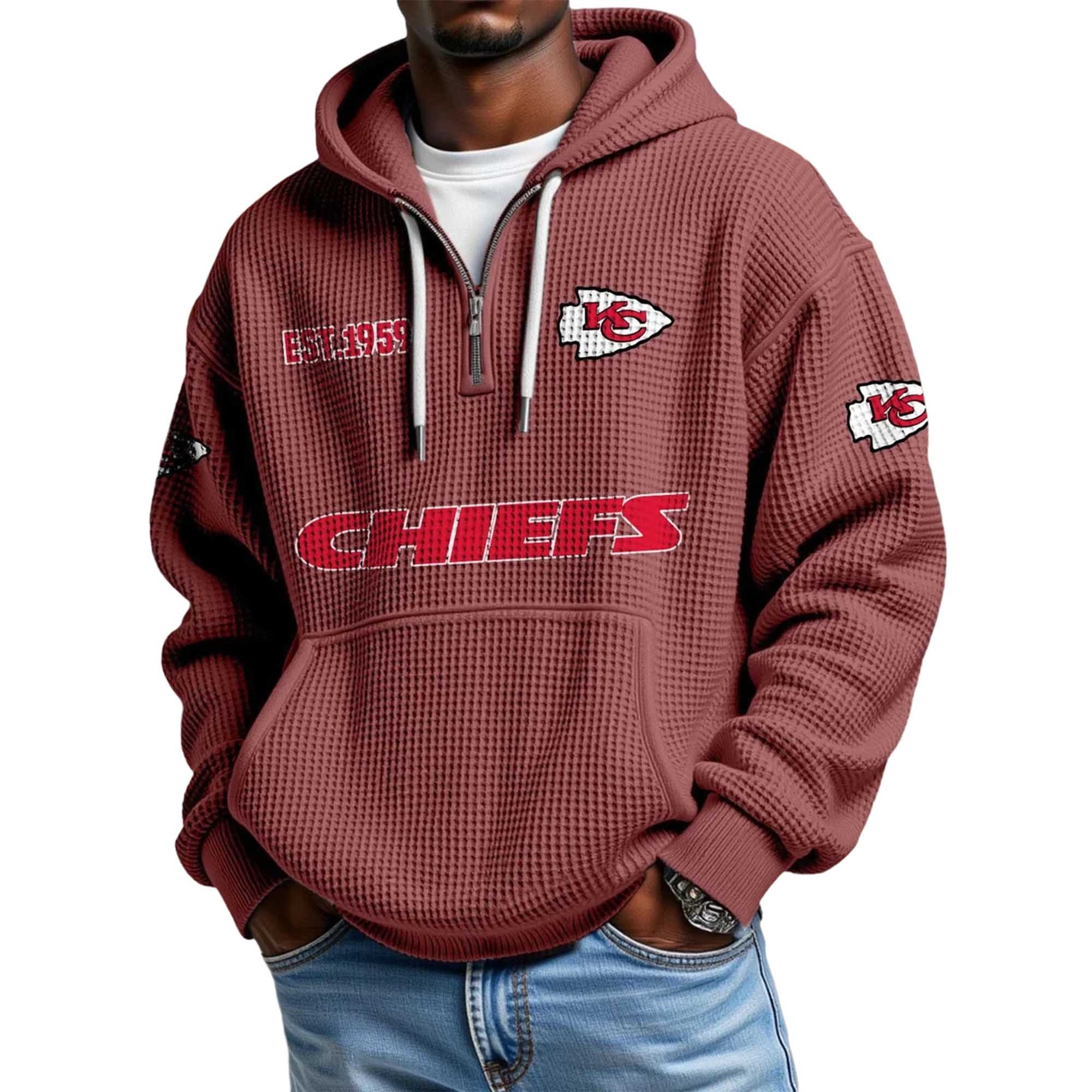 Kansas City Chiefs EST 1959 Printed Waffle Quarter Zip Football Fan Hoodie