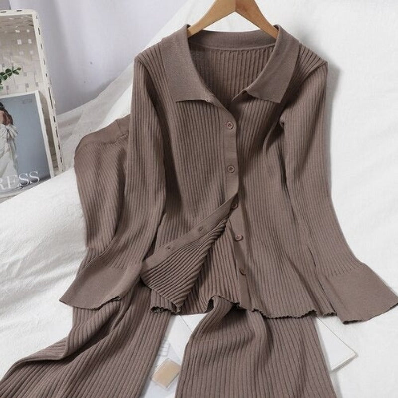 Knitted Two Piece Cardigan Shirt And Pants For Women-Soco Hoodie
