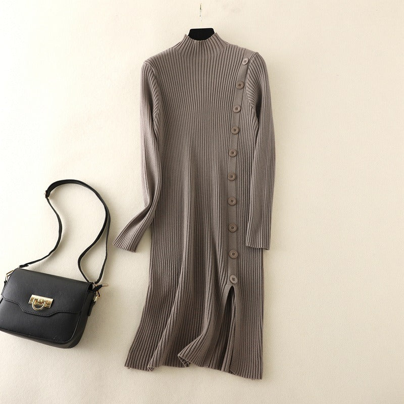 Mock Neck Side Slit Knitted Sweater Dress-Soco Hoodie