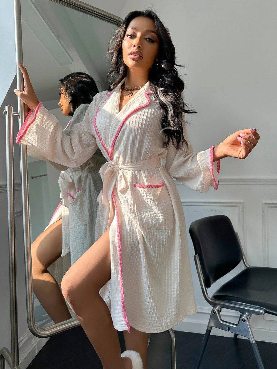 Contrast Binding Belted Robe-Soco Hoodie