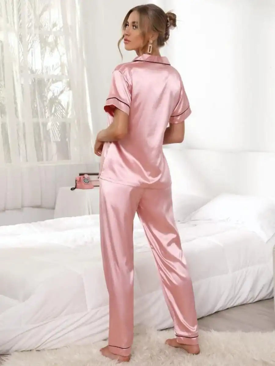 Contrast Binding Satin Pajama Set-Soco Hoodie