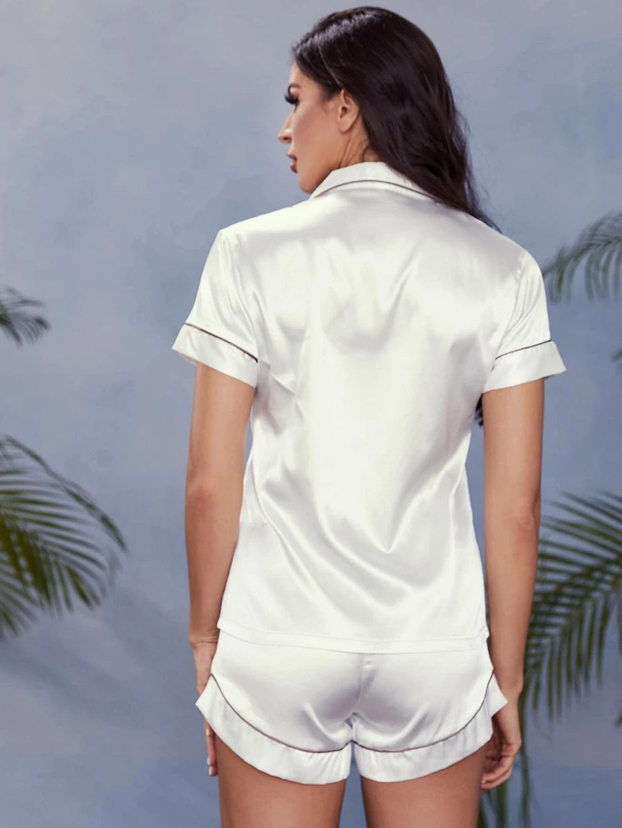 Contrast Binding Button Front Satin Set-Soco Hoodie