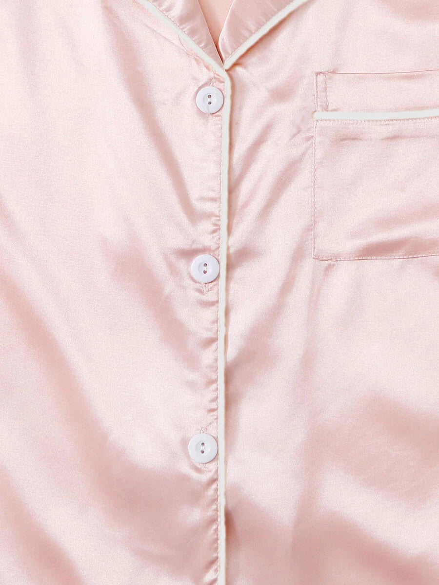 Contrast Binding Button Front Satin Set-Soco Hoodie