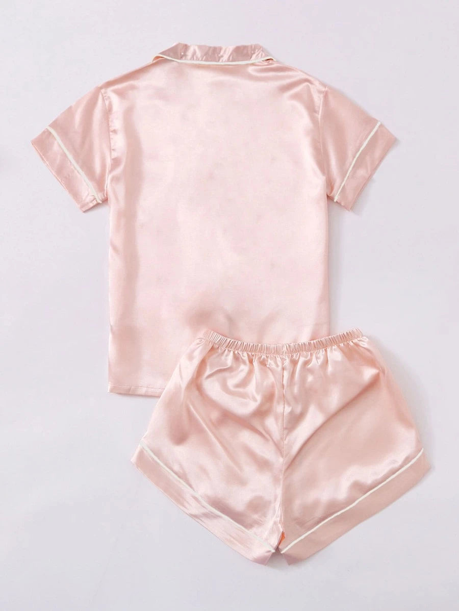 Contrast Binding Button Front Satin Set-Soco Hoodie