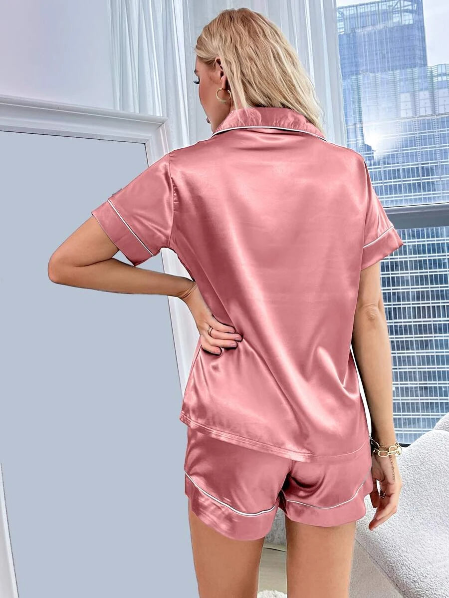 Contrast Binding Button Front Satin Set-Soco Hoodie