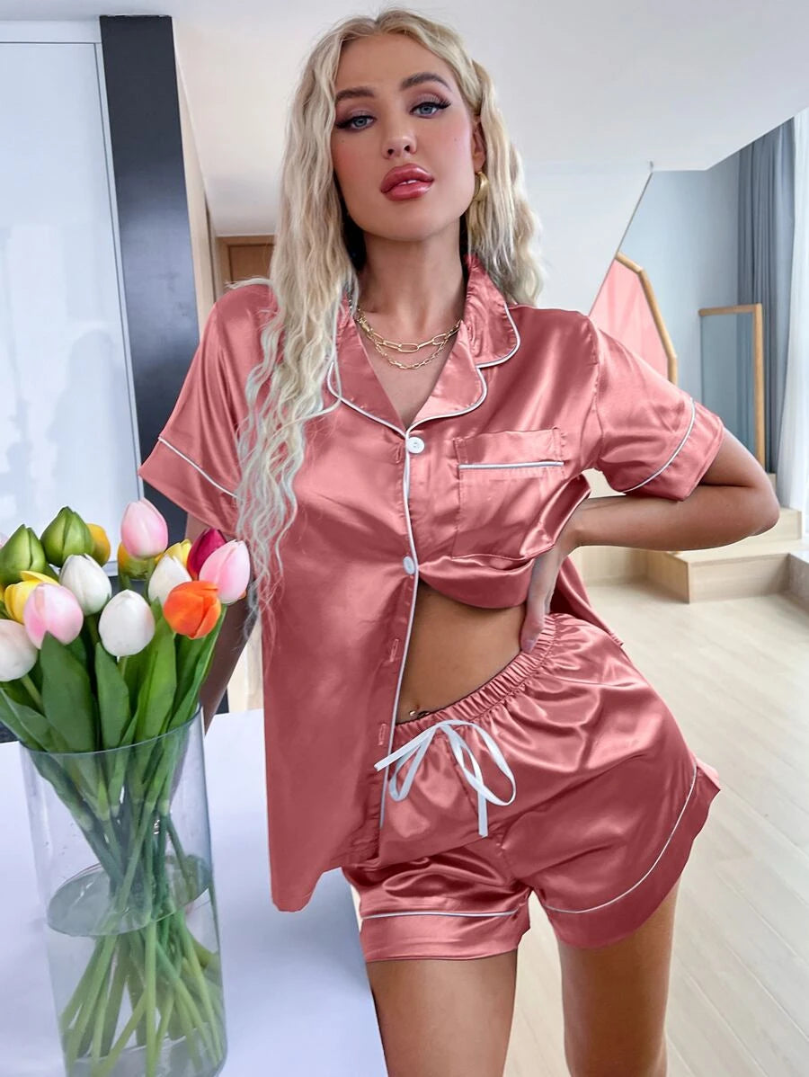 Contrast Binding Button Front Satin Set-Soco Hoodie