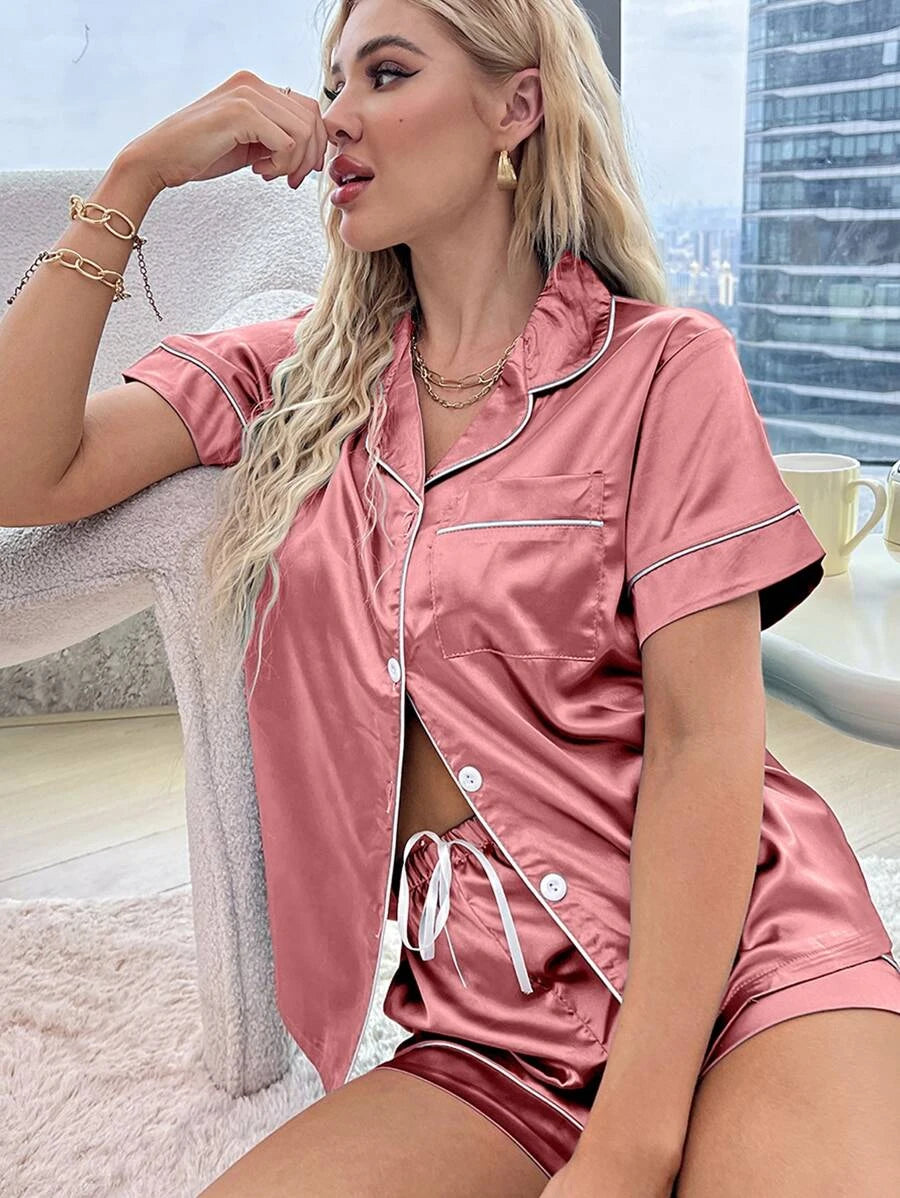 Contrast Binding Button Front Satin Set-Soco Hoodie