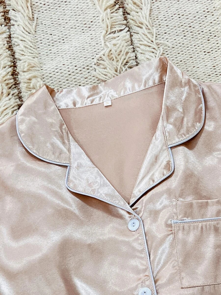 Contrast Binding Button Front Satin Set-Soco Hoodie