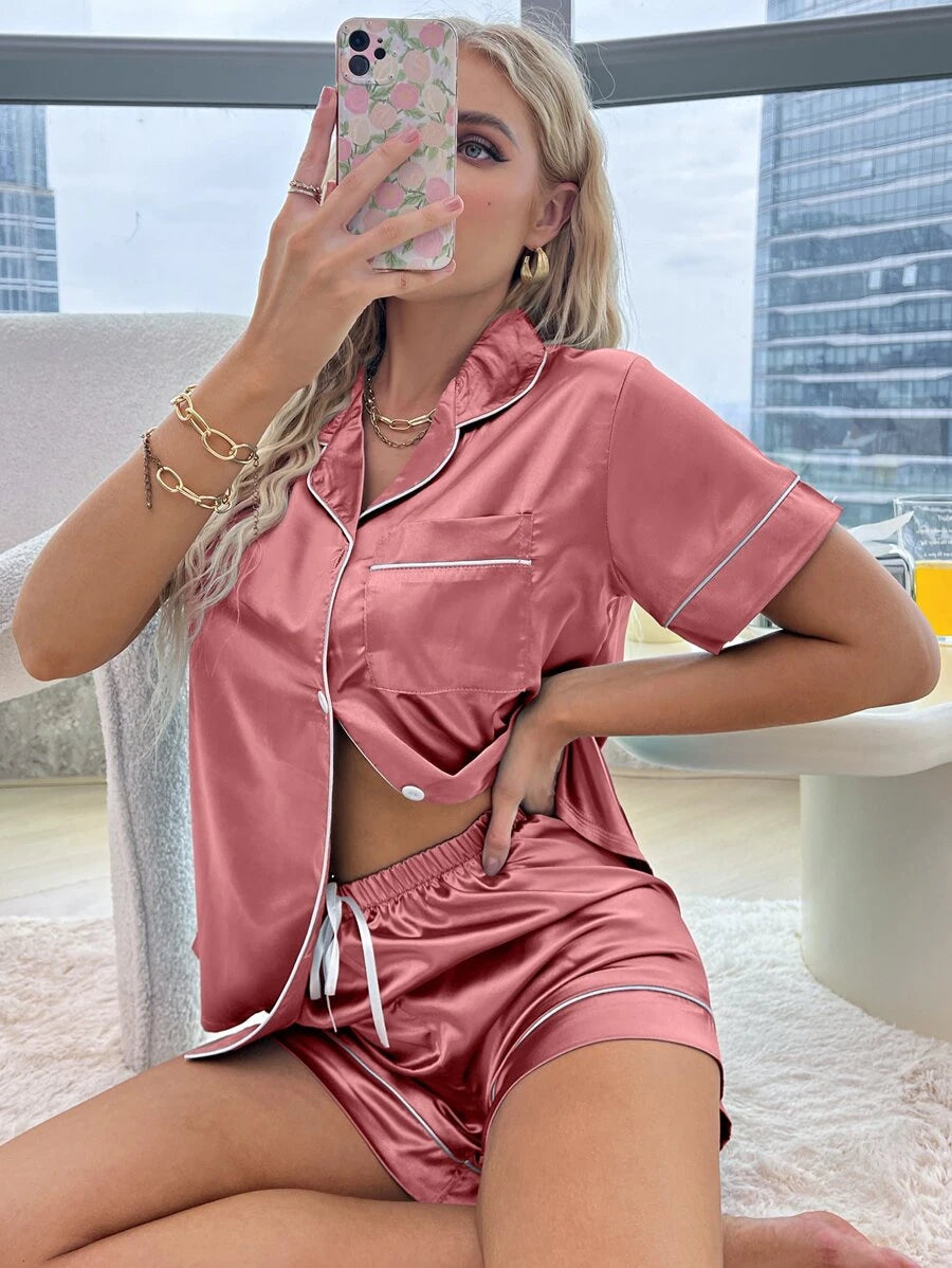 Contrast Binding Button Front Satin Set-Soco Hoodie