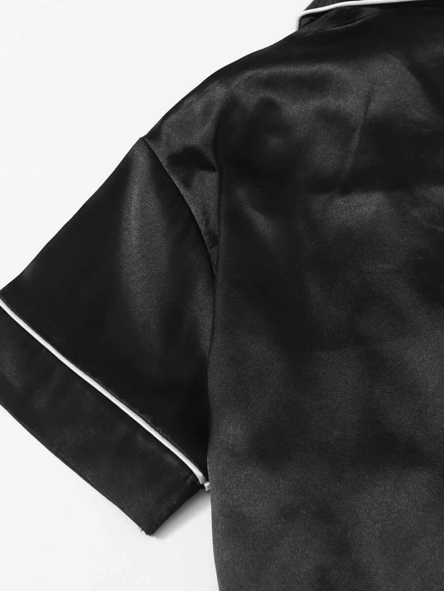 Contrast Binding Button Front Satin Set-Soco Hoodie